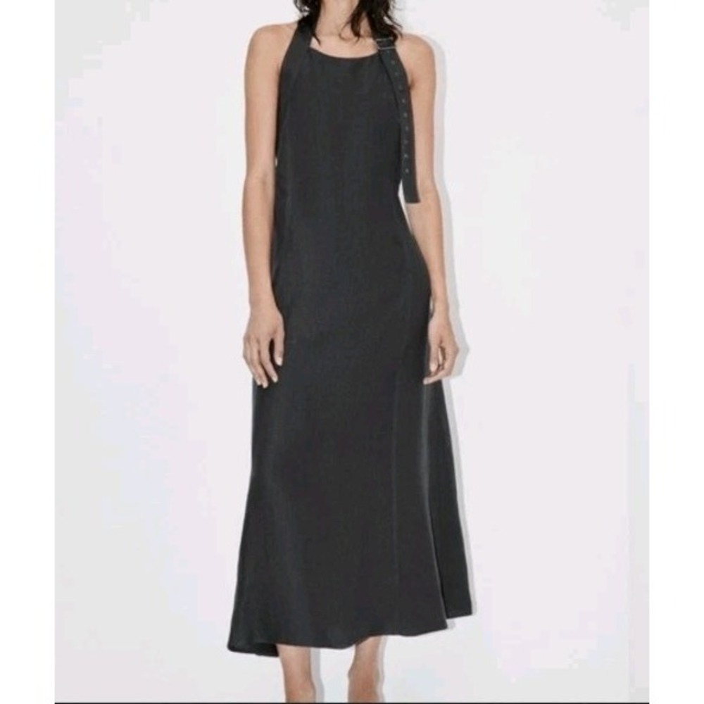Zara 100% Linen Halter Neck Backless Midi Dress Gray Size XS NWOT
